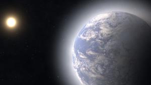 Artistic representation of an exoplanet whose water ice on the surface is increasingly vaporizing and forming an atmosphere during its approach to the central star of the planetary system