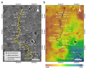 The ~ 1921-meter traverse of the Zhurong rover as of May 1, 2022 and waypoints for MSCam observations.