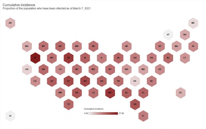 COVID-19 cumulative incidence in the U.S. as of March 7, 2021