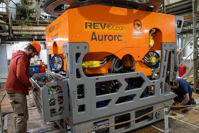 Scott Wieman installs equipment on REV Ocean's ROV Aurora on FF Crown Prince Haakon.