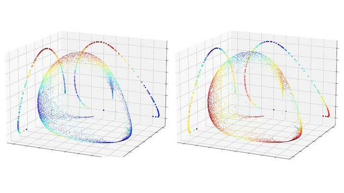 Two of the “maps” of quantum phase transitions generated by the technique. The different colors represent different phases or transitions between different phases.