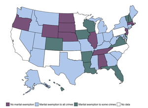 Map depicting state-specific marital exemptions to statutory rape laws in the United States