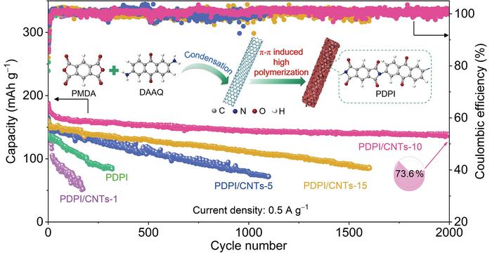 Modulating polymerization of aromatic polyimides on carbon nanotubes for high-performance organic potassium-ion batteries