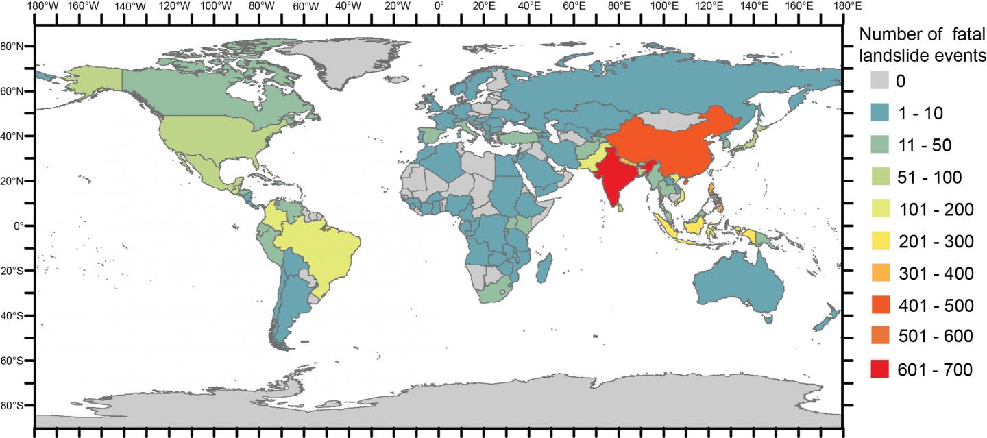 Number of Non-Seismically Triggered Fatal Landslides by Country (2004 to 2016)