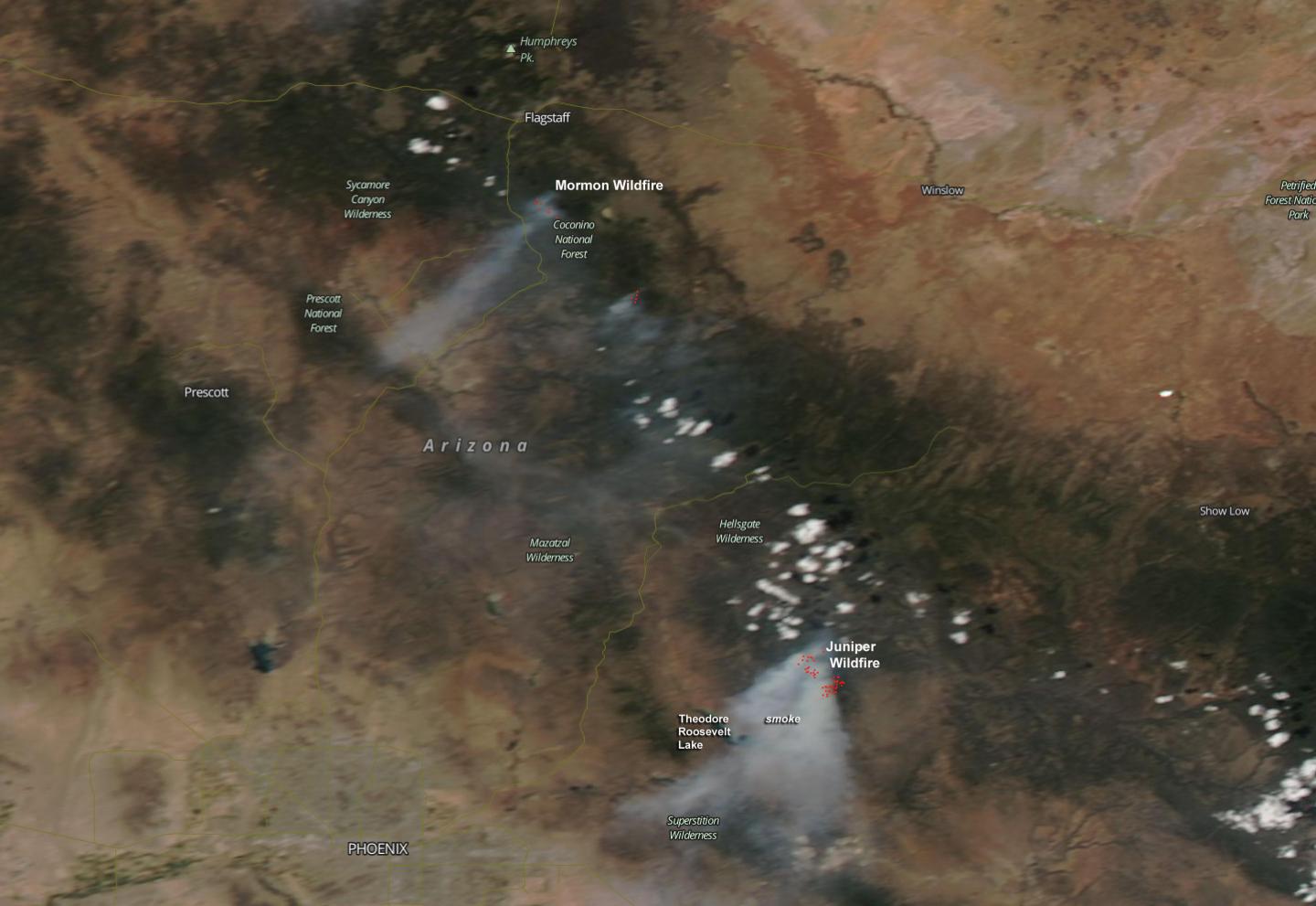 NASA Sees Mormon and Juniper Fires in Arizona