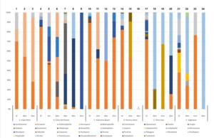 Bar graph showing the distribution and approximate proportions of Scleractinian corals at each monitoring site