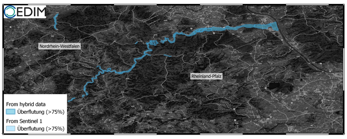 Estimated flooded area (> 75% of the area affected) in the district of Ahrweiler and in particular along River Ahr. (Figure: Andreas Schäfer, CEDIM/KIT)