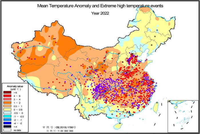 Distribution of annual SAT anomalies and extreme high temperature events in China in 2022 (red points mark where the daily maximum temperature reached the extreme threshold; purple points denote where the historical record was broken)