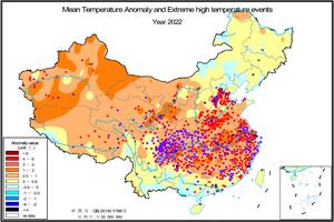 Distribution of annual SAT anomalies and extreme high temperature events in China in 2022 (red points mark where the daily maximum temperature reached the extreme threshold; purple points denote where the historical record was broken)