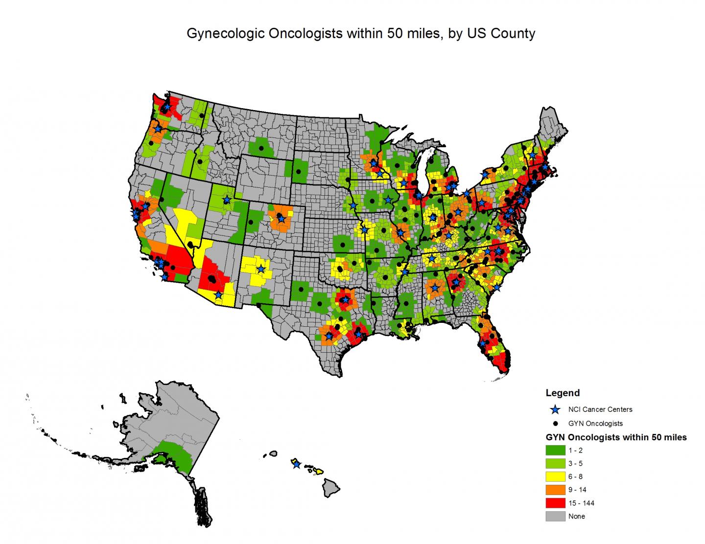 Gynecologic Oncologists within 50 Miles, by US County