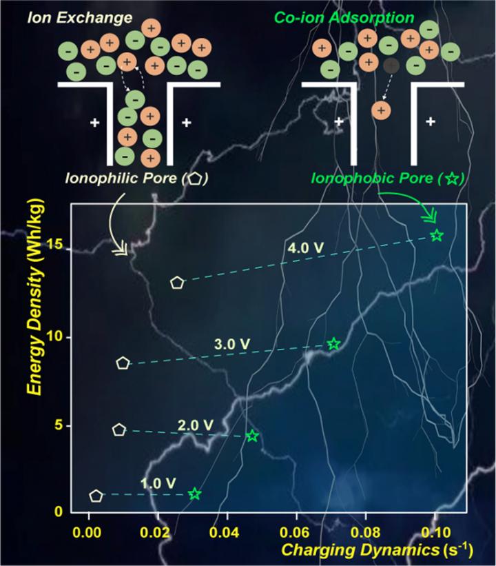 Diagram showing ionophilic and ionophobic pore mechanisms and their influence on charging dynamics