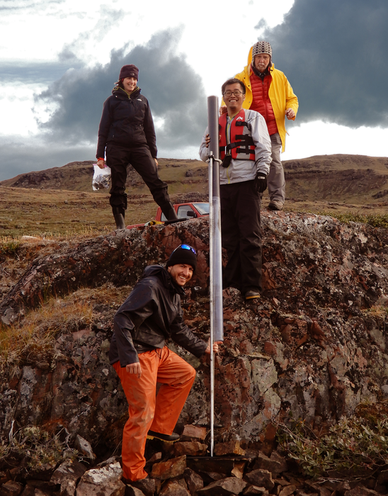 The field group acquired a short lake sediment core from Lake SI-102, southern Greenland. From left to right: Isla Castañeda, Tobias Schneider, Boyang Zhao, Raymond Bradley. Not pictured: William Daniels.