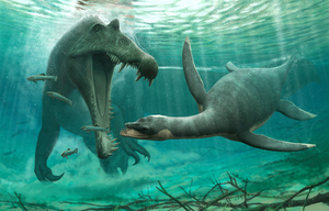 Impression of spinosaurus and plesiosaur in a river