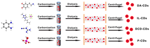 Synthetic route of DA-CDs, IL-CDs, DCD-CDs and P-CDs