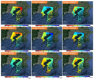 Analyzed satellite images depicting land surface displacement in Kanagawa prefecture in Japan