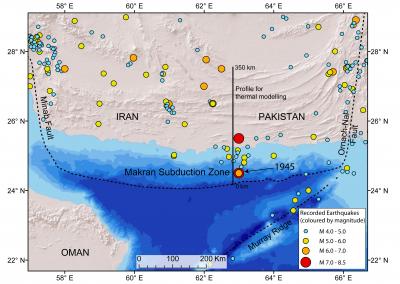 The Makran Subduction Zone of Pakistan and Iran and Locations of Recorded Earthquakes