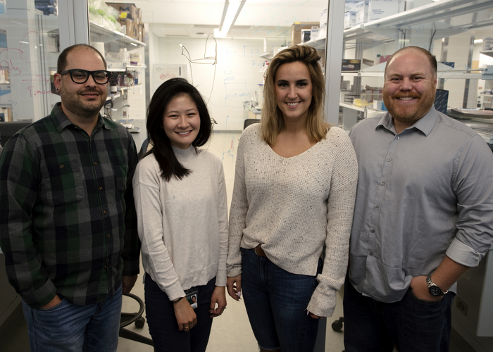 Left to right: Andrew Eagle and graduate students Chiho Sugimoto and Ivana Lakic work with A.J. Robison