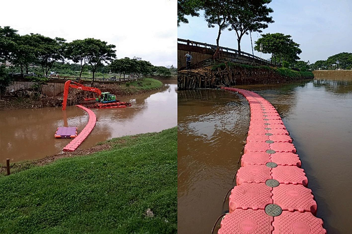 Garbage collection equipment across a river (floating booms)