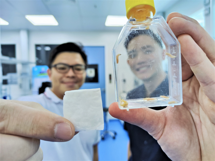 NTU Assoc Prof Dalton Tay holding the marine collagen patch while Cuprina CEO David Quek is holding MEDIFLY