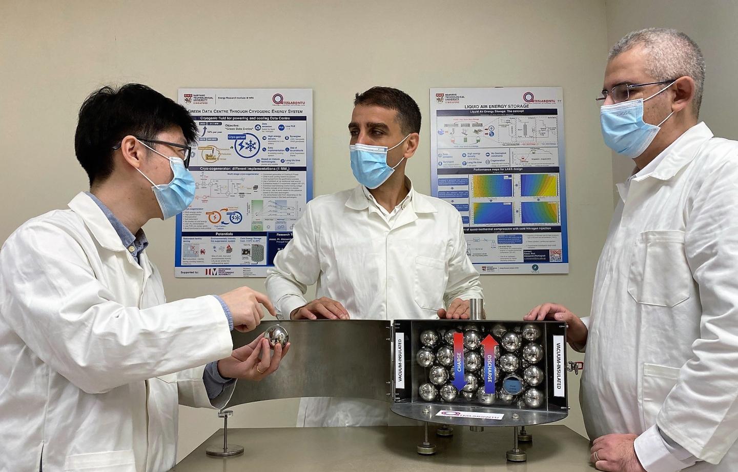 NTU Assoc Prof Alessandro Romagnoli and his team with the lab-scale prototype capsules for cold energy storage