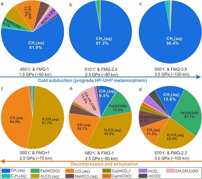 Fig. 3 Compositional variation of aqueous carbon species in eclogitic fluid along the P–T–fO2-fluid evolution trajectory