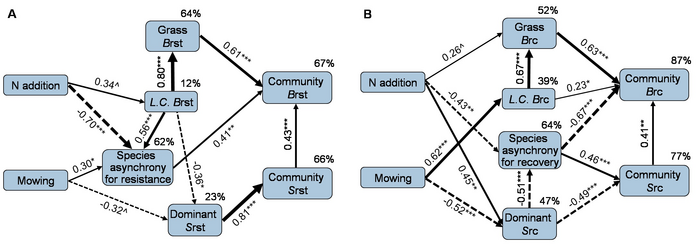 Paths through which nitrogen addition and mowing affect drought resistance and recovery of temperate grasslands.