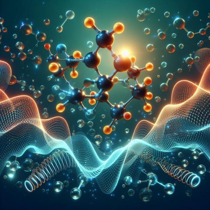 Artist’s illustration of an organic molecules light emission property modulated by quantum dance of the atoms.