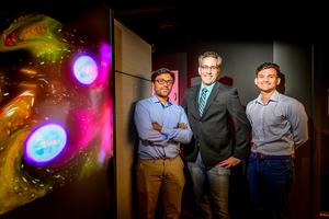 Illinois researchers Rohit Chandramouli, left, professor Nicolas Yunes and Abhishek Hegade used computer simulations, analytical models and sophisticated data analyses to verify that forces within binary neutron star systems are detectable via gravitation