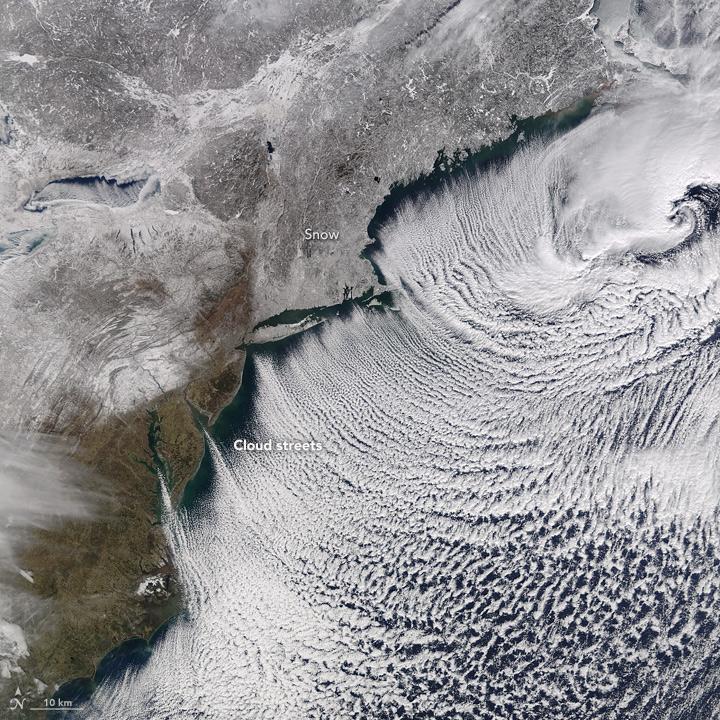 NASA Satellite View:  Cloud Streets Trace Cold Coastal Winds