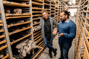 Ingmar Werneburg (left) and Omar Rafael Regalado Fernandez (right) in the archive of the paleontological collection at Tübingen
