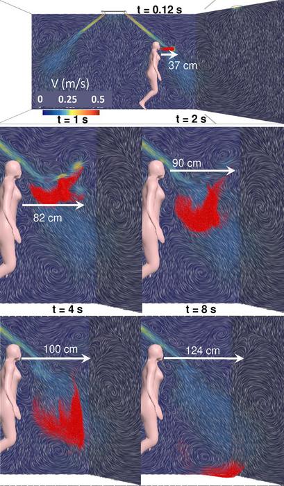 Snapshots of the droplets and flow field at various instances