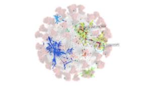 Stylised image of a CLASSIX clustering result overlaid on top of a coronavirus illustration