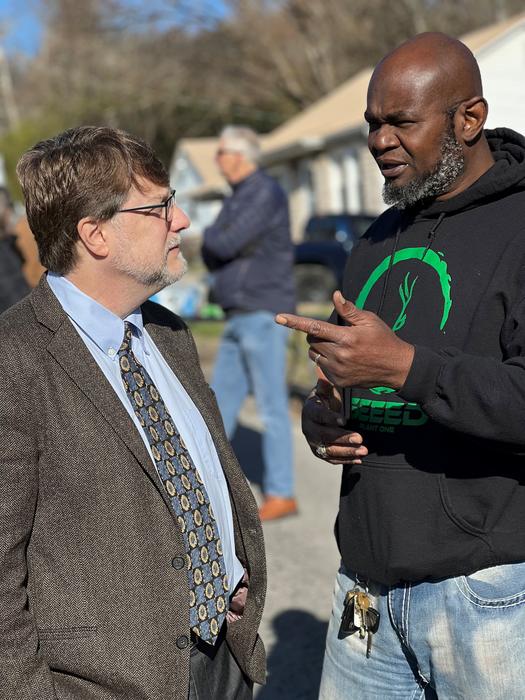 ORNL Director Stephen Streiffer, left, talks with Stan Johnson at SEEED's groundbreaking ceremony in Knoxville, Tenn. Credit: ORNL, U.S. Dept. of Energy