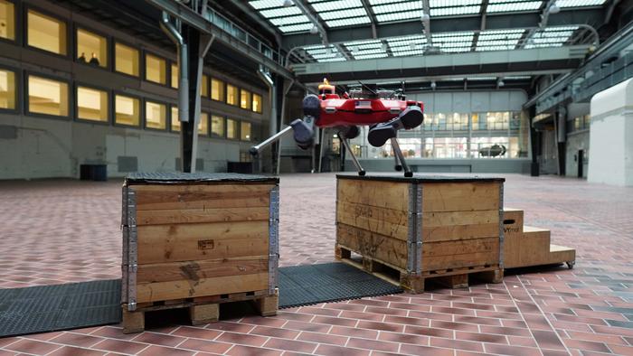 The quadrupedal robot Anymal practises parkour in a hall at ETH Zurich.