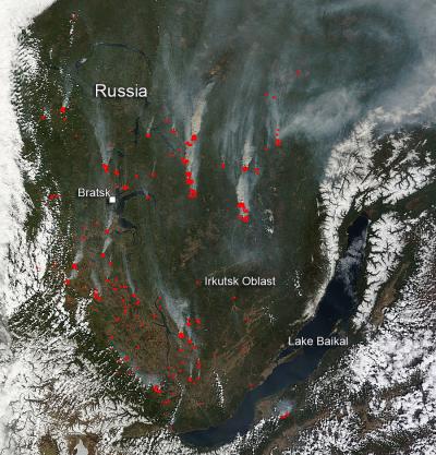 Wildfires around Lake Baikal, Russia
