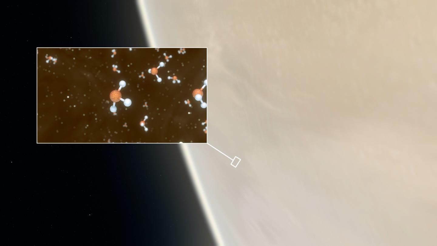 金星の想像図と、その中に見つかったリン化水素の&#12452