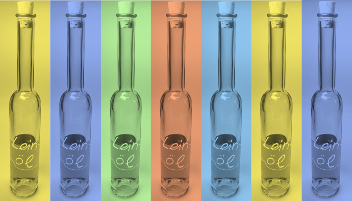 Collage of photos showing a bottle with linseed oil