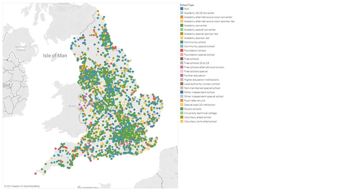 Location and types of school approached in the original survey.