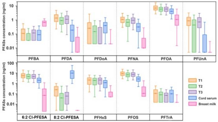 Box-plots of concentrations of PFAS with > 50% detection in maternal serum across trimesters (T1-T3), cord serum or breast milk (ng/mL).