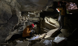 Excavation in a branch cave in the upper chamber of Sding Chung, an archaeological site from the Shigatse Prefecture of Xizang, in the southwestern region of the Tibetan Plateau