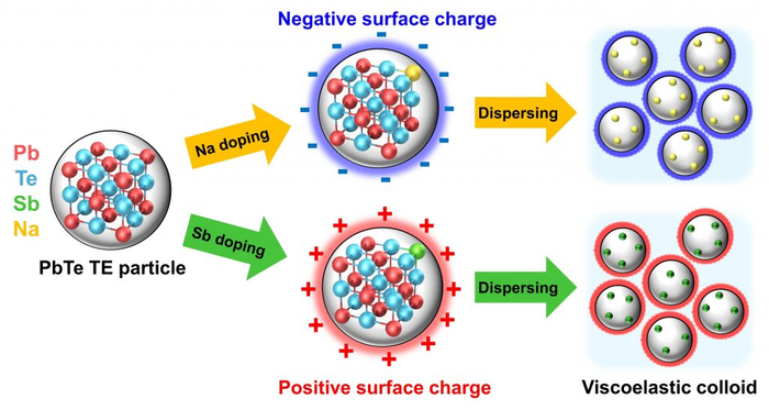 Doping-induced surface charges of Na- and Sb-doped PbTe particles generating viscoelastic colloids.