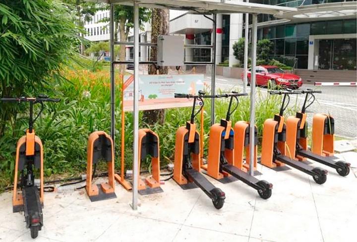 E-scooters at a kiosk provided by an e-scooter sharing service in Singapore