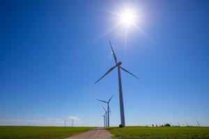 Wind turbines over rural Iowa.