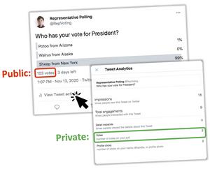 In a mock X/Twitter poll, the team found that the public vote tally (red) can be wildly different than the private view (green) seen by the author only.