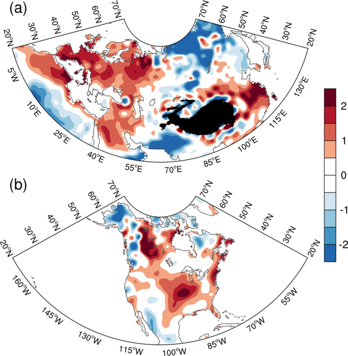 Normalized 2-m maximum temperature anomalies averaged during June to August 2022 over (a) Eurasia and (b) North America.