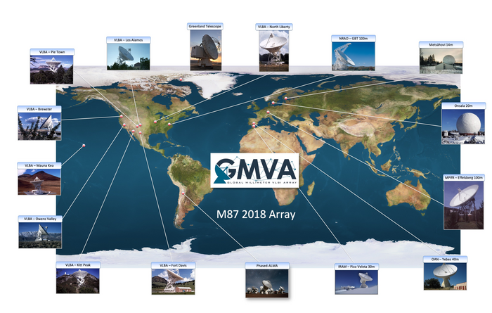 Map of the radio telescopes used to image Messier 87 at 3.5 millimeters in the 2018 Global Millimeter VLBI Array (GMVA) campaign