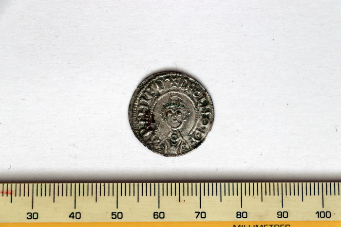 A silver coin discovered at Lyminge, Kent.