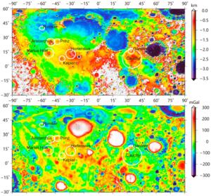 Fig. 4. Topography (top) and gravity map (bottom) of the lunar nearside. The white circles indicate the locations of 8 large volcanic complexes proposed by Spudis et al. [110]. The topographic map is derived from the LOLA 2050 spherical harmonic model (lr