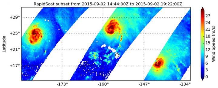 NASA's RapidScat Looks at Winds of 3 Pacific Tropical Cyclones