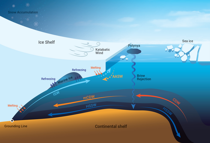 A schematic of oceanic heat transports towards the base of an Antarctic ice shelf